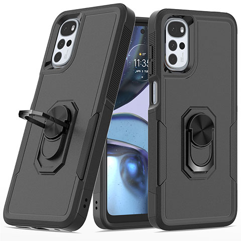 Coque Contour Silicone et Plastique Housse Etui Mat avec Magnetique Support Bague Anneau MQ1 pour Motorola Moto G22 Noir