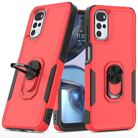 Coque Contour Silicone et Plastique Housse Etui Mat avec Magnetique Support Bague Anneau MQ1 pour Motorola Moto G22 Rouge