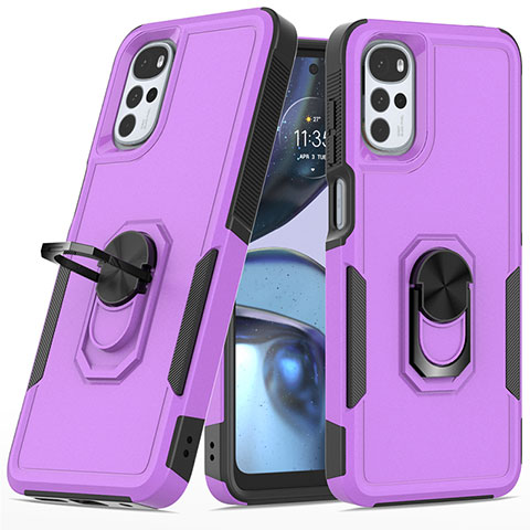 Coque Contour Silicone et Plastique Housse Etui Mat avec Magnetique Support Bague Anneau MQ1 pour Motorola Moto G22 Violet