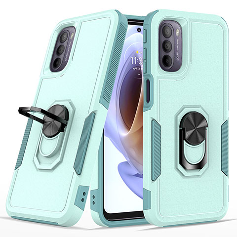 Coque Contour Silicone et Plastique Housse Etui Mat avec Magnetique Support Bague Anneau MQ1 pour Motorola Moto G41 Cyan