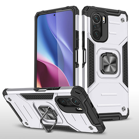 Coque Contour Silicone et Plastique Housse Etui Mat avec Magnetique Support Bague Anneau MQ1 pour Xiaomi Poco F3 5G Argent