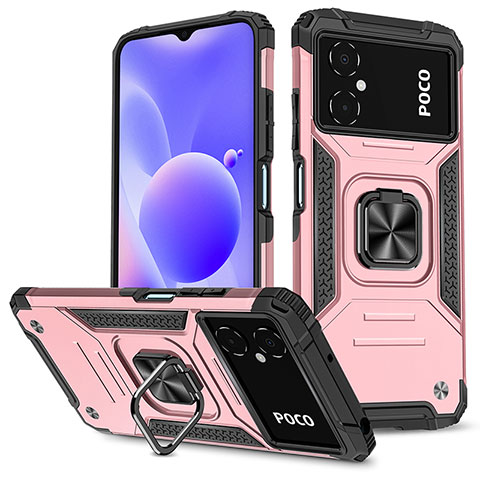 Coque Contour Silicone et Plastique Housse Etui Mat avec Magnetique Support Bague Anneau MQ1 pour Xiaomi Poco M4 5G Or Rose