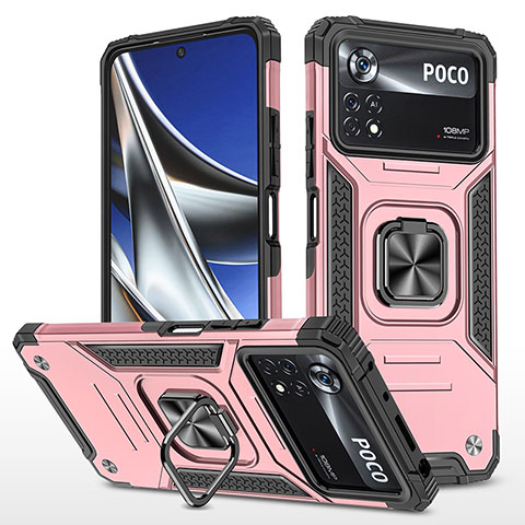 Coque Contour Silicone et Plastique Housse Etui Mat avec Magnetique Support Bague Anneau MQ1 pour Xiaomi Poco X4 Pro 5G Or Rose