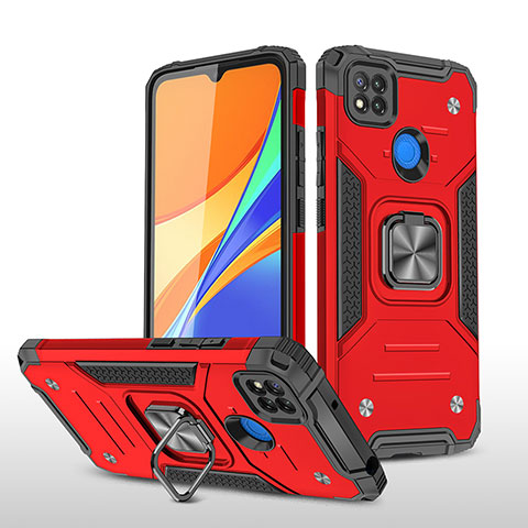 Coque Contour Silicone et Plastique Housse Etui Mat avec Magnetique Support Bague Anneau MQ1 pour Xiaomi Redmi 9 India Rouge