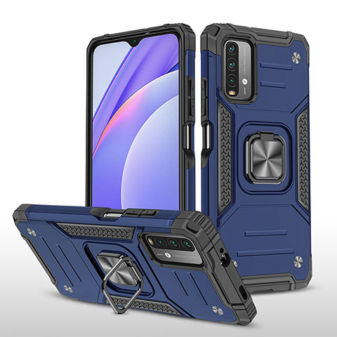 Coque Contour Silicone et Plastique Housse Etui Mat avec Magnetique Support Bague Anneau MQ1 pour Xiaomi Redmi 9 Power Bleu