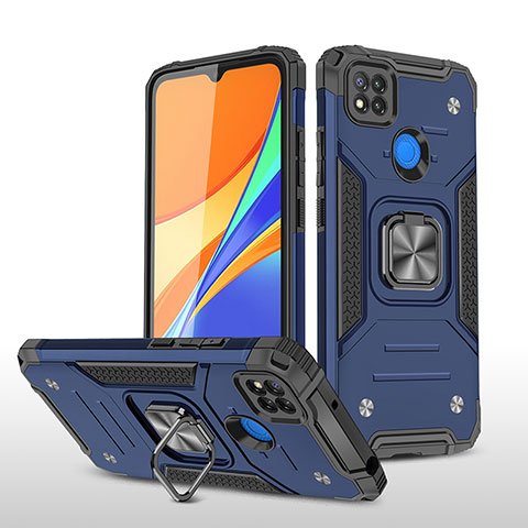 Coque Contour Silicone et Plastique Housse Etui Mat avec Magnetique Support Bague Anneau MQ1 pour Xiaomi Redmi 9C NFC Bleu