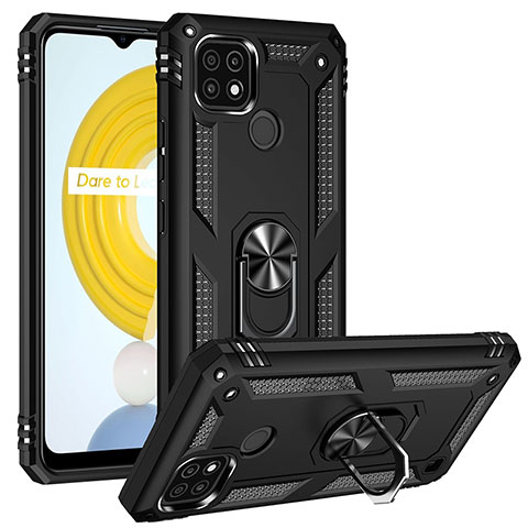 Coque Contour Silicone et Plastique Housse Etui Mat avec Magnetique Support Bague Anneau MQ2 pour Realme C21 Noir