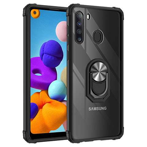 Coque Contour Silicone et Plastique Housse Etui Mat avec Magnetique Support Bague Anneau MQ2 pour Samsung Galaxy A21 Argent et Noir