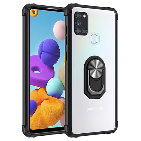 Coque Contour Silicone et Plastique Housse Etui Mat avec Magnetique Support Bague Anneau MQ2 pour Samsung Galaxy A21s Argent et Noir