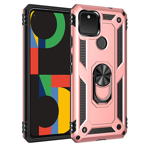 Coque Contour Silicone et Plastique Housse Etui Mat avec Magnetique Support Bague Anneau MQ3 pour Google Pixel 4a 5G Or Rose