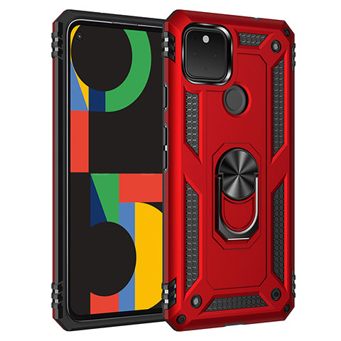 Coque Contour Silicone et Plastique Housse Etui Mat avec Magnetique Support Bague Anneau MQ3 pour Google Pixel 4a 5G Rouge