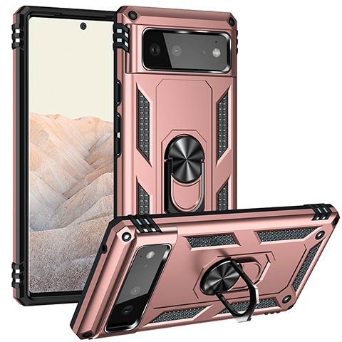 Coque Contour Silicone et Plastique Housse Etui Mat avec Magnetique Support Bague Anneau MQ3 pour Google Pixel 6 5G Or Rose