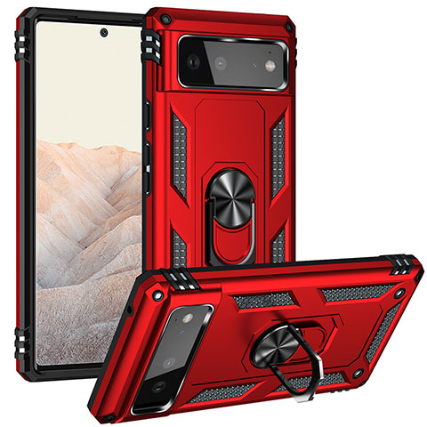 Coque Contour Silicone et Plastique Housse Etui Mat avec Magnetique Support Bague Anneau MQ3 pour Google Pixel 6 5G Rouge