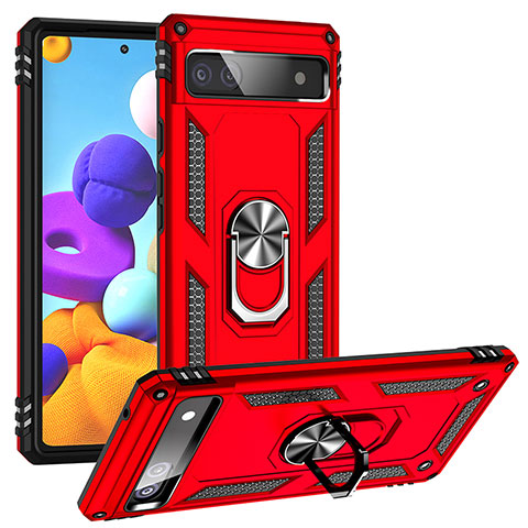 Coque Contour Silicone et Plastique Housse Etui Mat avec Magnetique Support Bague Anneau MQ3 pour Google Pixel 6a 5G Rouge