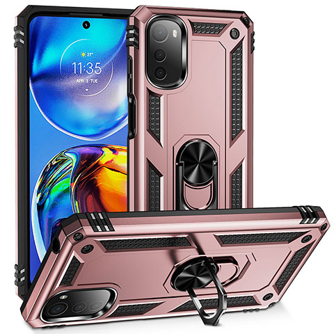 Coque Contour Silicone et Plastique Housse Etui Mat avec Magnetique Support Bague Anneau MQ3 pour Motorola Moto E32 Or Rose