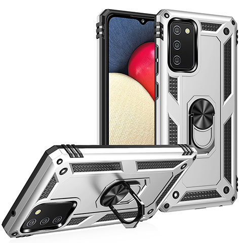 Coque Contour Silicone et Plastique Housse Etui Mat avec Magnetique Support Bague Anneau MQ3 pour Samsung Galaxy A03s Argent