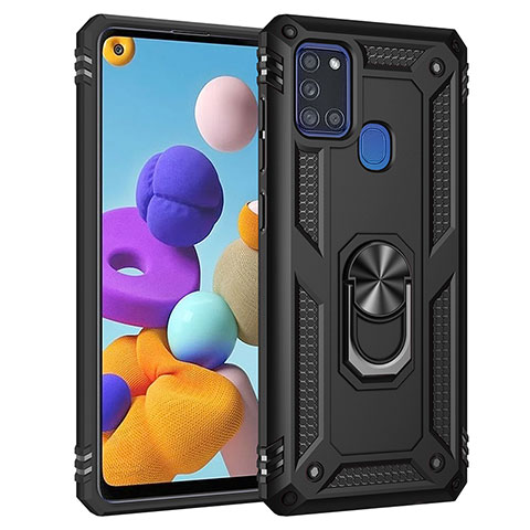 Coque Contour Silicone et Plastique Housse Etui Mat avec Magnetique Support Bague Anneau MQ3 pour Samsung Galaxy A21s Noir