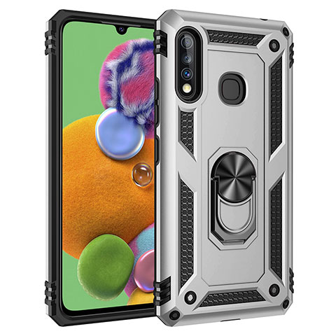 Coque Contour Silicone et Plastique Housse Etui Mat avec Magnetique Support Bague Anneau MQ3 pour Samsung Galaxy A70E Argent