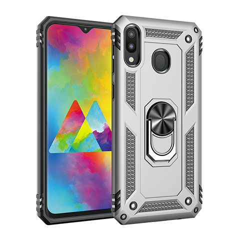 Coque Contour Silicone et Plastique Housse Etui Mat avec Magnetique Support Bague Anneau MQ3 pour Samsung Galaxy M20 Argent