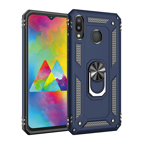 Coque Contour Silicone et Plastique Housse Etui Mat avec Magnetique Support Bague Anneau MQ3 pour Samsung Galaxy M20 Bleu