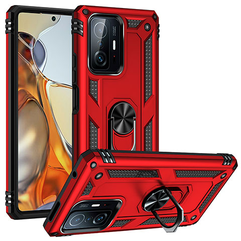 Coque Contour Silicone et Plastique Housse Etui Mat avec Magnetique Support Bague Anneau MQ3 pour Xiaomi Mi 11T 5G Rouge