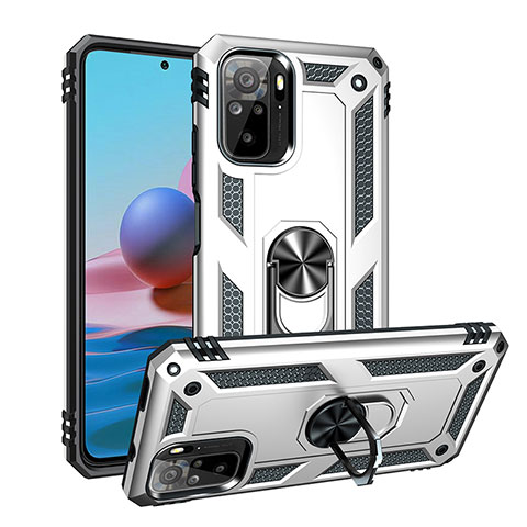 Coque Contour Silicone et Plastique Housse Etui Mat avec Magnetique Support Bague Anneau MQ3 pour Xiaomi Poco M5S Argent