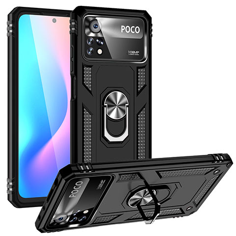 Coque Contour Silicone et Plastique Housse Etui Mat avec Magnetique Support Bague Anneau MQ3 pour Xiaomi Poco X4 Pro 5G Noir