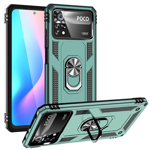 Coque Contour Silicone et Plastique Housse Etui Mat avec Magnetique Support Bague Anneau MQ3 pour Xiaomi Poco X4 Pro 5G Vert