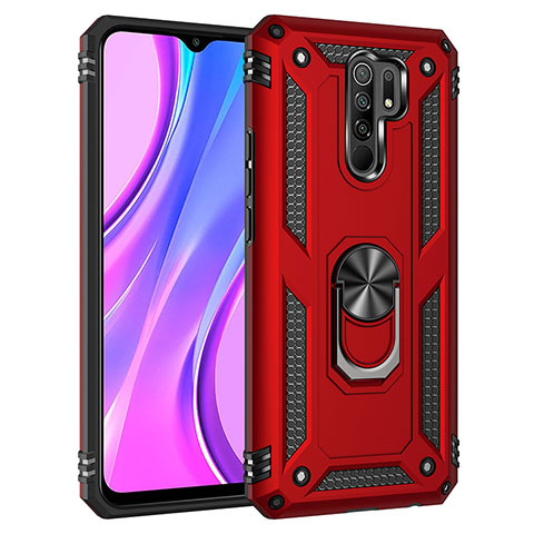 Coque Contour Silicone et Plastique Housse Etui Mat avec Magnetique Support Bague Anneau MQ3 pour Xiaomi Redmi 9 Prime India Rouge