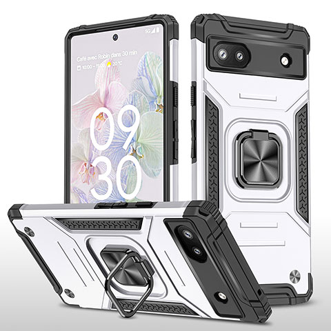 Coque Contour Silicone et Plastique Housse Etui Mat avec Magnetique Support Bague Anneau MQ4 pour Google Pixel 6a 5G Argent