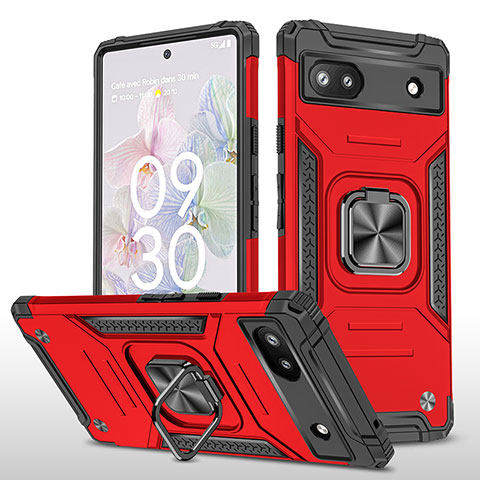 Coque Contour Silicone et Plastique Housse Etui Mat avec Magnetique Support Bague Anneau MQ4 pour Google Pixel 6a 5G Rouge