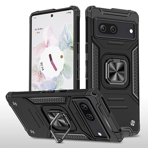 Coque Contour Silicone et Plastique Housse Etui Mat avec Magnetique Support Bague Anneau MQ4 pour Google Pixel 7 5G Noir