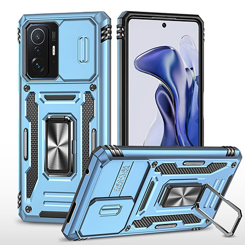 Coque Contour Silicone et Plastique Housse Etui Mat avec Magnetique Support Bague Anneau MQ4 pour Xiaomi Mi 11T 5G Bleu Ciel