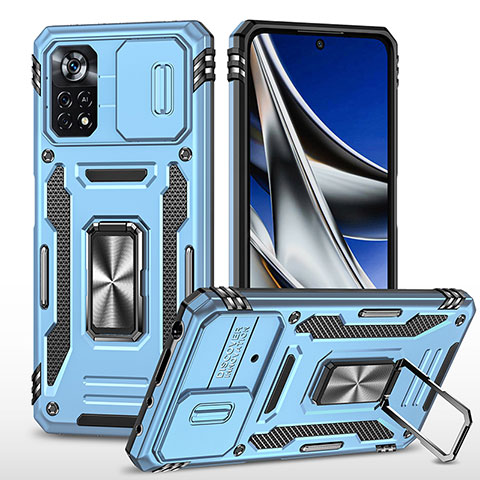 Coque Contour Silicone et Plastique Housse Etui Mat avec Magnetique Support Bague Anneau MQ4 pour Xiaomi Poco X4 Pro 5G Bleu Ciel