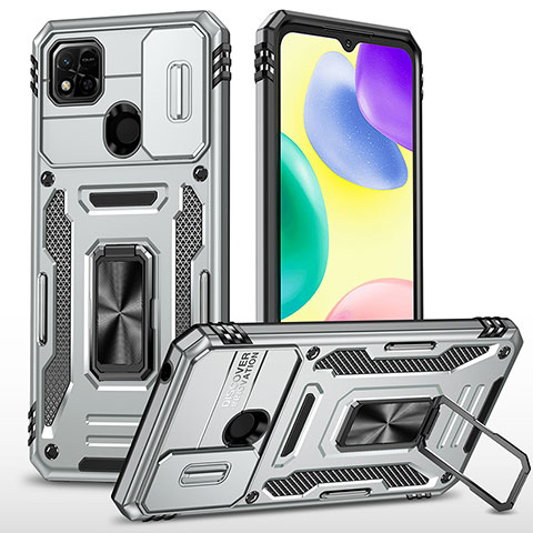 Coque Contour Silicone et Plastique Housse Etui Mat avec Magnetique Support Bague Anneau MQ4 pour Xiaomi Redmi 10A 4G Argent