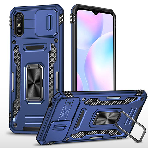 Coque Contour Silicone et Plastique Housse Etui Mat avec Magnetique Support Bague Anneau MQ4 pour Xiaomi Redmi 9A Bleu