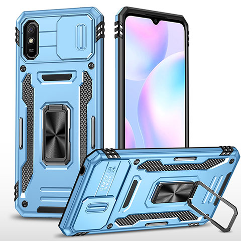 Coque Contour Silicone et Plastique Housse Etui Mat avec Magnetique Support Bague Anneau MQ4 pour Xiaomi Redmi 9A Bleu Ciel