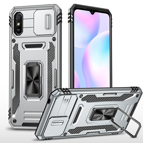 Coque Contour Silicone et Plastique Housse Etui Mat avec Magnetique Support Bague Anneau MQ4 pour Xiaomi Redmi 9AT Argent