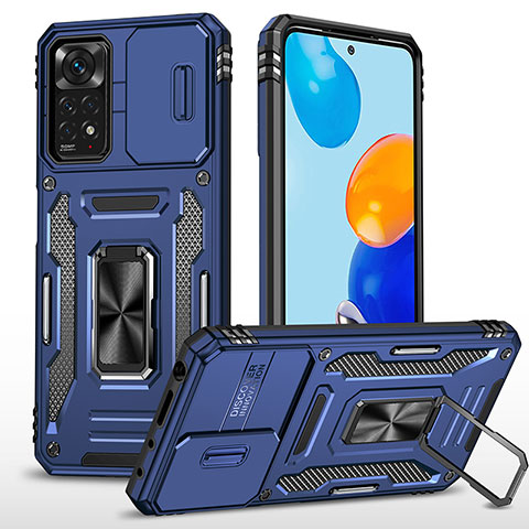 Coque Contour Silicone et Plastique Housse Etui Mat avec Magnetique Support Bague Anneau MQ4 pour Xiaomi Redmi Note 11 Pro 4G Bleu