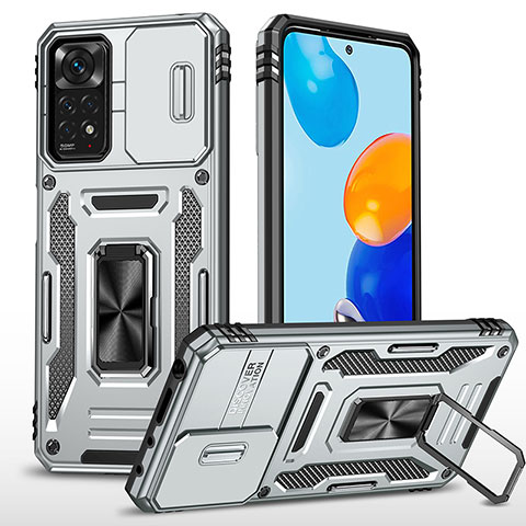 Coque Contour Silicone et Plastique Housse Etui Mat avec Magnetique Support Bague Anneau MQ4 pour Xiaomi Redmi Note 11 Pro 5G Argent