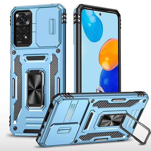 Coque Contour Silicone et Plastique Housse Etui Mat avec Magnetique Support Bague Anneau MQ4 pour Xiaomi Redmi Note 11 Pro 5G Bleu Ciel