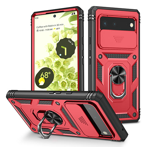 Coque Contour Silicone et Plastique Housse Etui Mat avec Magnetique Support Bague Anneau MQ5 pour Google Pixel 6 5G Rouge