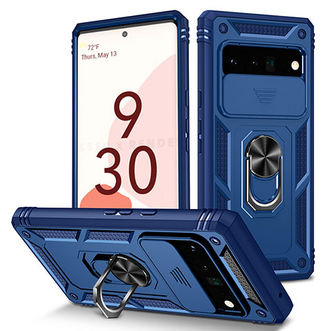 Coque Contour Silicone et Plastique Housse Etui Mat avec Magnetique Support Bague Anneau MQ5 pour Google Pixel 6 Pro 5G Bleu