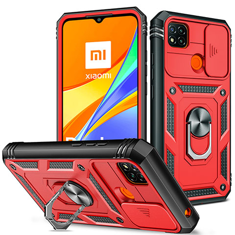 Coque Contour Silicone et Plastique Housse Etui Mat avec Magnetique Support Bague Anneau MQ5 pour Xiaomi Redmi 9 India Rouge