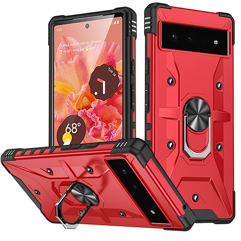 Coque Contour Silicone et Plastique Housse Etui Mat avec Magnetique Support Bague Anneau MQ6 pour Google Pixel 6 5G Rouge