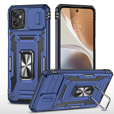 Coque Contour Silicone et Plastique Housse Etui Mat avec Magnetique Support Bague Anneau MQ6 pour Motorola Moto G32 Bleu