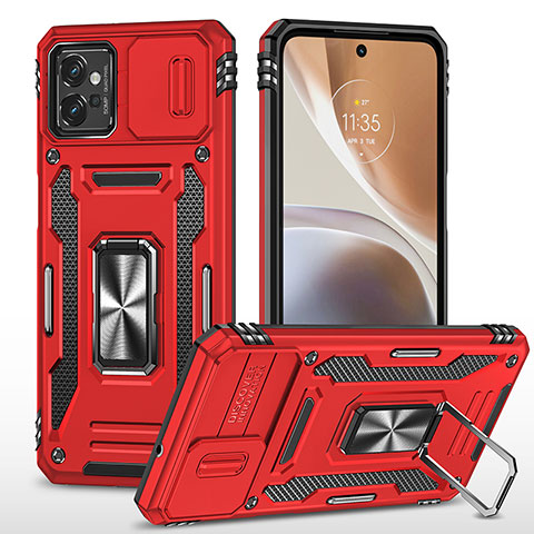 Coque Contour Silicone et Plastique Housse Etui Mat avec Magnetique Support Bague Anneau MQ6 pour Motorola Moto G32 Rouge