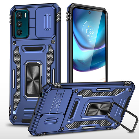 Coque Contour Silicone et Plastique Housse Etui Mat avec Magnetique Support Bague Anneau MQ6 pour Motorola Moto G42 Bleu