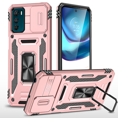 Coque Contour Silicone et Plastique Housse Etui Mat avec Magnetique Support Bague Anneau MQ6 pour Motorola Moto G42 Or Rose