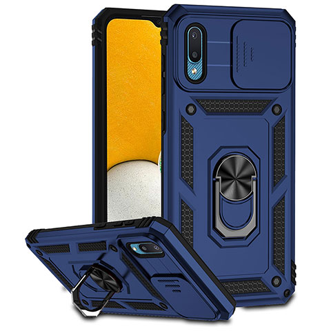 Coque Contour Silicone et Plastique Housse Etui Mat avec Magnetique Support Bague Anneau MQ6 pour Samsung Galaxy A02 Bleu